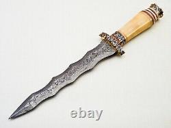 Beautiful Custom Handmade Damascus Steel Dagger Knife with Leather Sheath