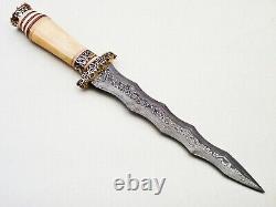 Beautiful Custom Handmade Damascus Steel Dagger Knife with Leather Sheath
