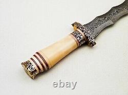 Beautiful Custom Handmade Damascus Steel Dagger Knife with Leather Sheath