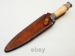 Beautiful Custom Handmade Damascus Steel Dagger Knife with Leather Sheath