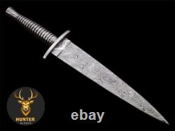 COMBAT DAGGER KNIFE Fixed Blade Handmade Damascus Steel Camping Hunting Knife