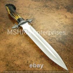 CUSTOM HAND MADE D2 TOOL STEEL BOWIE HUNTING KNIFE DAGGER STAG ANTLER WithSHEATH1