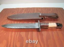 CUSTOM HANDMADE 13 DAMASCUS DAGGER KNIFE Buffalo Horn Camel Bone Wood Handle