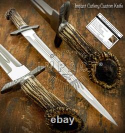 Custom Crown Stag Antler Highlander Dagger Knife by Impact Cutlery Damascus