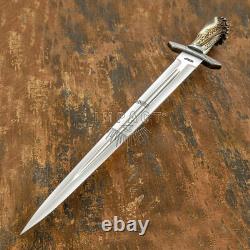 Custom Crown Stag Antler Highlander Dagger Knife by Impact Cutlery Damascus