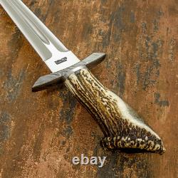 Custom Crown Stag Antler Highlander Dagger Knife by Impact Cutlery Damascus