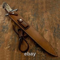 Custom Crown Stag Antler Highlander Dagger Knife by Impact Cutlery Damascus