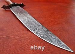 Custom Damascus Bowie Knife Handmade Outdoor Blade with Leather Sheath