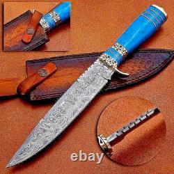 Custom Damascus Steel Dagger Turquoise & Carved Brass