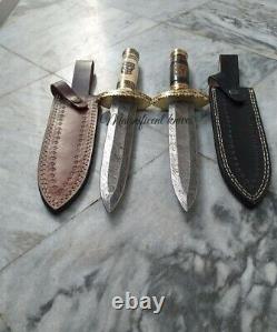 Custom Hand Forged Damascus 15 Dagger Hunting Knife Pair With Leather SHEATH
