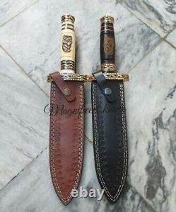 Custom Hand Forged Damascus 15 Dagger Hunting Knife Pair With Leather SHEATH