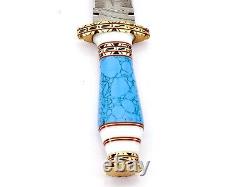 Custom Hand Forged Damascus Steel Dagger Knife, Turquoise Stone& Brass Handle