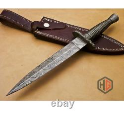 Custom Handmade British Style Damascus Dagger Hunting Knife With Leather Sheath