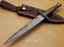Custom Handmade British Style Damascus Dagger Hunting Knife With Leather Sheath