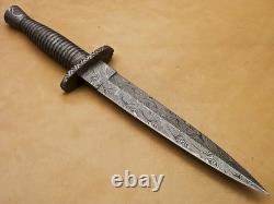 Custom Handmade British Style Damascus Dagger Hunting Knife With Leather Sheath