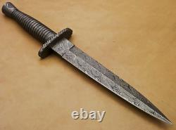 Custom Handmade British Style Damascus Dagger Hunting Knife With Leather Sheath