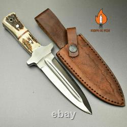 Custom Handmade D2 Steel Dagger Knife with Leather Sheath Full Tang Stag/Antler