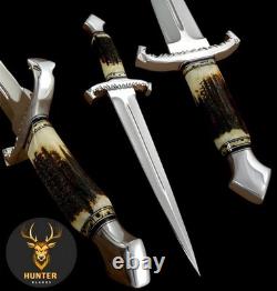 Custom Handmade D2 Steel Survival, Camping, Combat Dagger Knife with Stag Handle