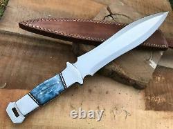 Custom Handmade D2 Tool Steel Camel Bone Handle Dagger Knife With Leather Sheath