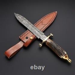 Custom Handmade DAMASCUS Steel Stag Horn Handle Dagger Hunting Knife With Sheath