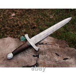 Custom Handmade Damascus Damascus Celtic Dagger Hunting Knife With Leather Mk