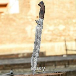 Custom Handmade Damascus Hunting Bowie Knife With Leather Sheath, Hnad Forged Mk
