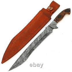 Custom Handmade Damascus Hunting Bowie Knife With Leather Sheath, Hnad Forged Mk