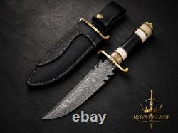 Custom Handmade Damascus Steel Blade Dagger Hunting Bowie Knife With Bone Handle
