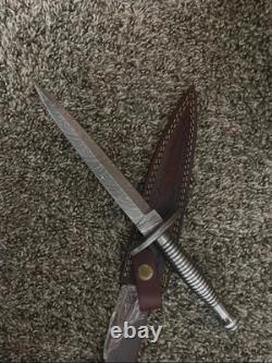 Custom Handmade Damascus Steel Bowie Dagger Hunting Knife With Leather Sheath