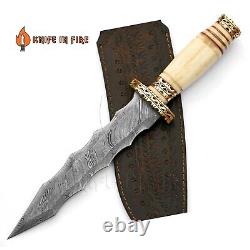 Custom Handmade Damascus Steel Dagger Knife Bone Handle Brass Fileworked