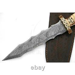 Custom Handmade Damascus Steel Dagger Knife Bone Handle Brass Fileworked