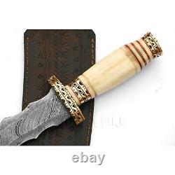 Custom Handmade Damascus Steel Dagger Knife Bone Handle Brass Fileworked