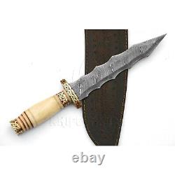 Custom Handmade Damascus Steel Dagger Knife Bone Handle Brass Fileworked