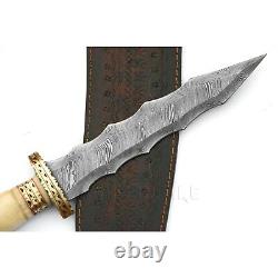 Custom Handmade Damascus Steel Dagger Knife Bone Handle Brass Fileworked