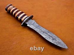 Custom Handmade Damascus Steel Dagger Knife & Sheath Natural Wood Handle US-140