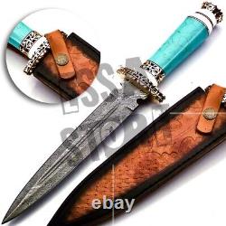Custom Handmade Damascus Steel Dagger Knife With Froza Stone Handle With Sheath