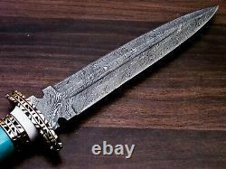 Custom Handmade Damascus Steel Dagger Knife With Turquoise Stone & Brass Handle