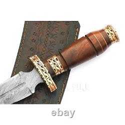 Custom Handmade Damascus Steel Dagger Knife Wood Handle Brass Spacer Fileworked