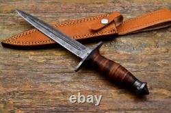 Custom Handmade Damascus Steel Dagger&camping Knife Leather Roll Handle&sheath