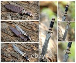 Custom Handmade Damascus Steel Double Edge Dagger Knife with Leather Sheath