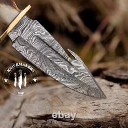Custom Handmade Damascus Steel Guthook Hunting Dagger Knife With Sheath