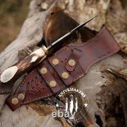 Custom Handmade Damascus Steel Guthook Hunting Dagger Knife With Sheath