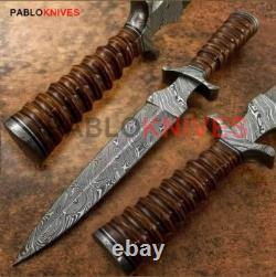 Custom Handmade Damascus Steel Hunting Dagger Knife Stacked Leather Handle