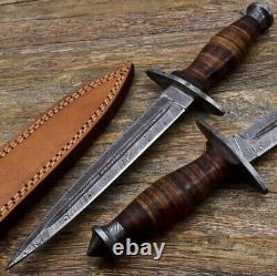 Custom Handmade Damascus Steel Hunting Dagger Knife With Wooden Handle