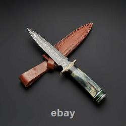 Custom Handmade Damascus Steel Hunting Dagger Knife/brass And Color Sheet Handle