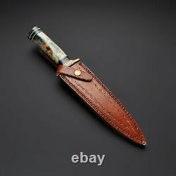 Custom Handmade Damascus Steel Hunting Dagger Knife/brass And Color Sheet Handle