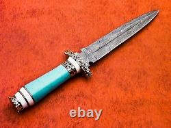 Custom Handmade Damascus Steel Hunting Dagger Knife with Blue Turquoise Handle