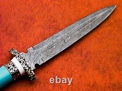 Custom Handmade Damascus Steel Hunting Dagger Knife with Blue Turquoise Handle