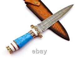 Custom Handmade Damascus Steel Hunting Dagger knife With Turquoise Stone Handle