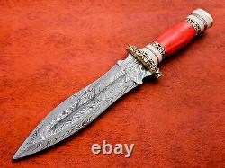 Custom Handmade Damascus Steel Hunting Dagger knife with Red Turquoise Handle
